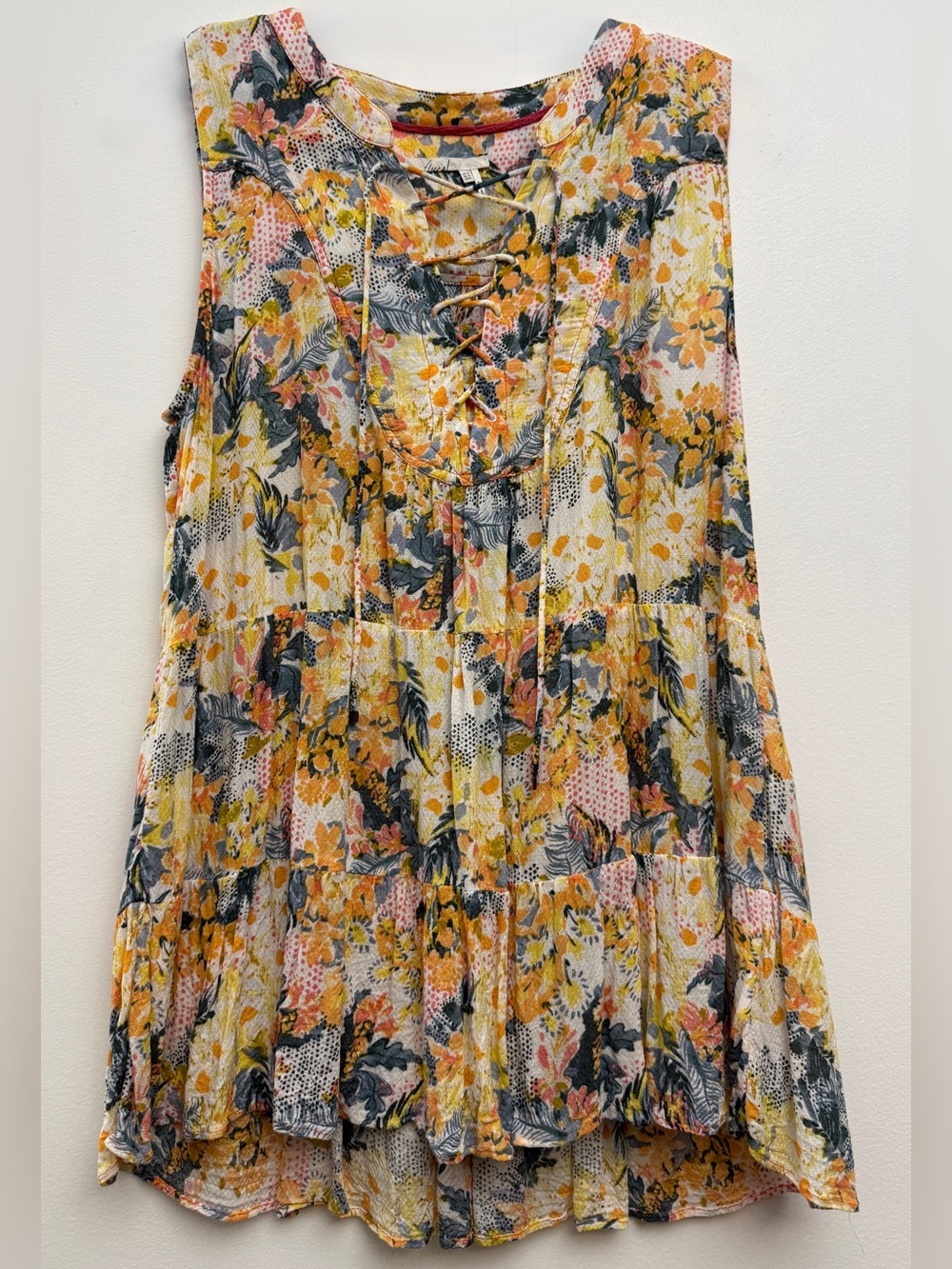 Anthropologie’s Floreat Yellow Peach🍑 Abstract Floral Lace-Up Sleeveless Blouse